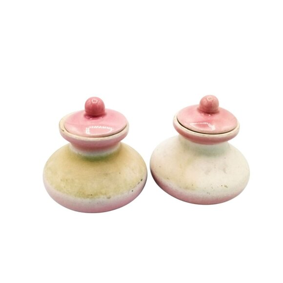 Vanity Jars Porcelain Vintage Pink White Pottery Lids Flowers 2 Inch Miniature - Picture 8 of 15